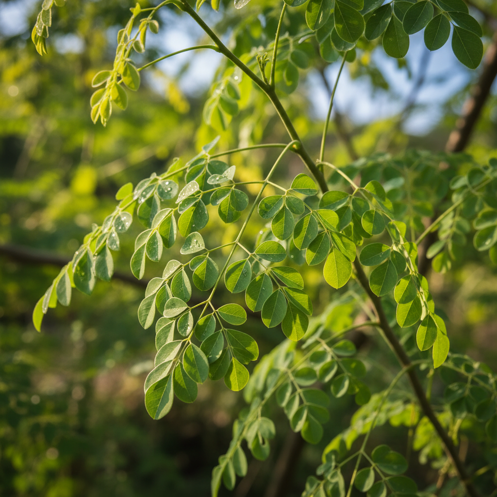 Daun kelor hijau segar pada ranting pohon di bawah sinar matahari