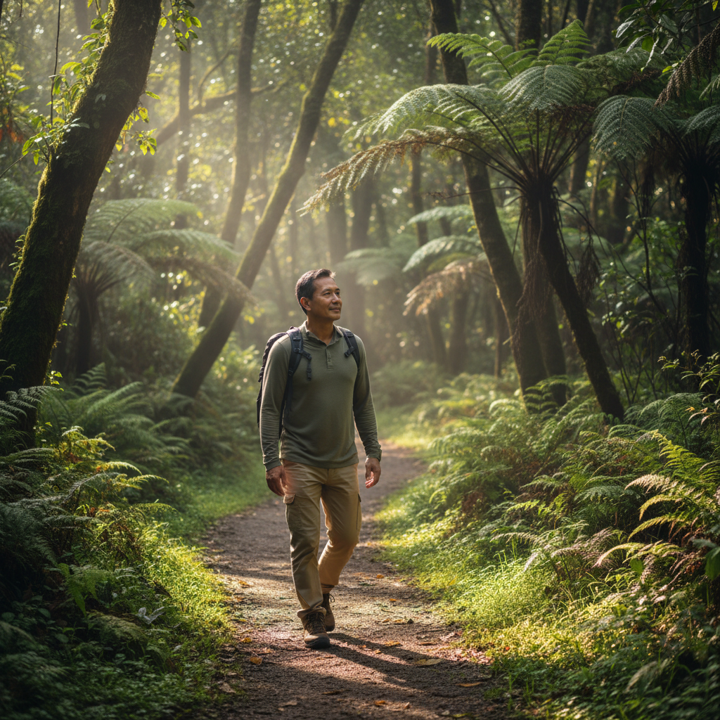 Pria paruh baya berjalan di jalur alam terbuka yang hijau dan tenang
