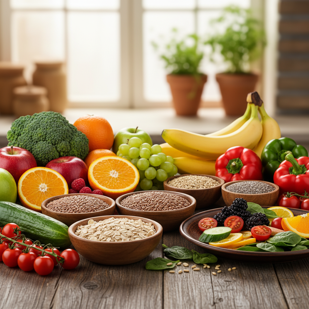 Berbagai makanan segar dan alami seperti buah, sayuran, dan biji-bijian di atas meja