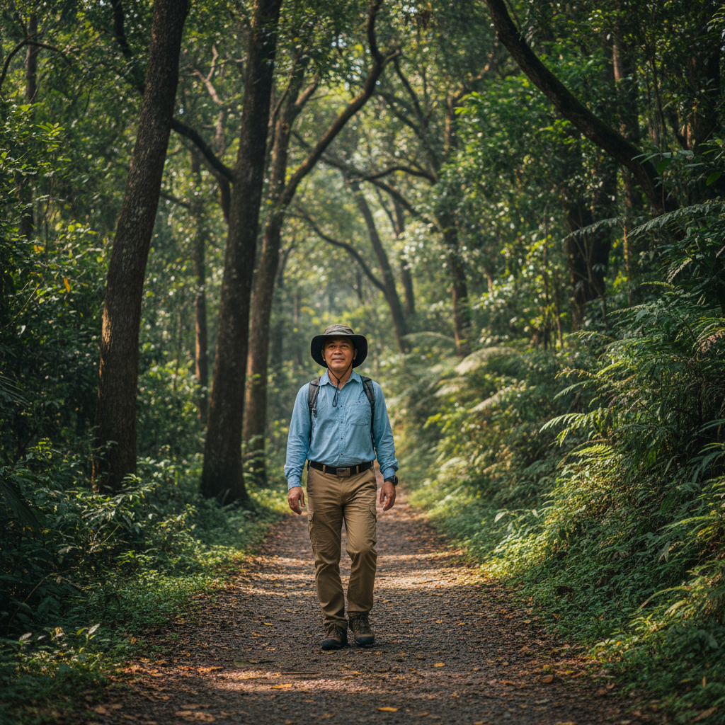 Pria paruh baya berjalan kaki di jalur alam terbuka yang rindang
